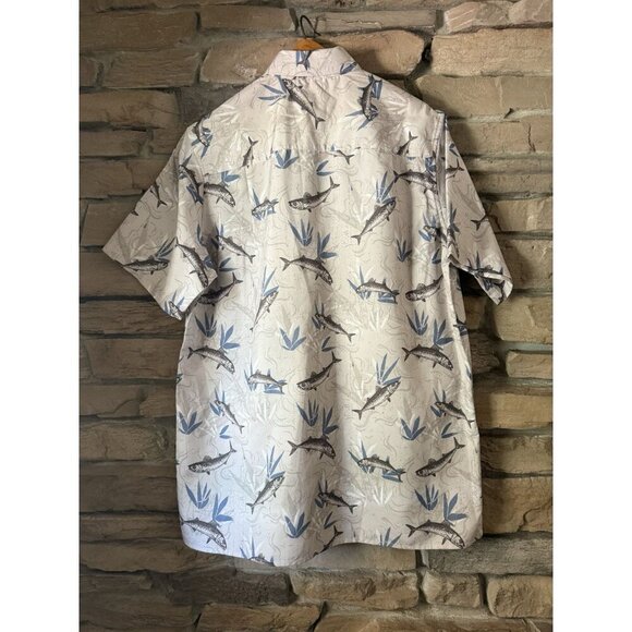 Chaps MENS SIZE LT Vented Fishing Button Shirt All Over Fish Print Beige - Picture 2 of 10